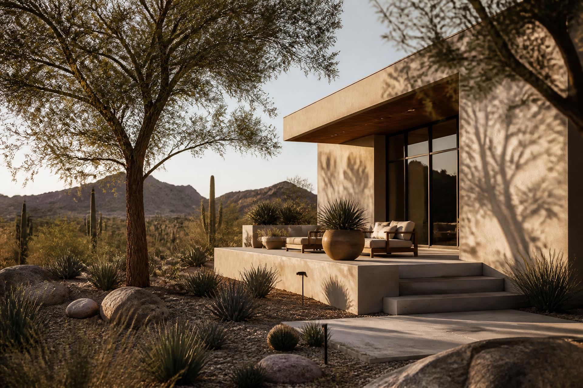 Modern Arizona desert home at golden hour